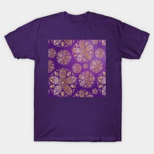 Mandala and Leaves Floral Pattern Gold Five Petal Flower on Purple Ombre T-Shirt